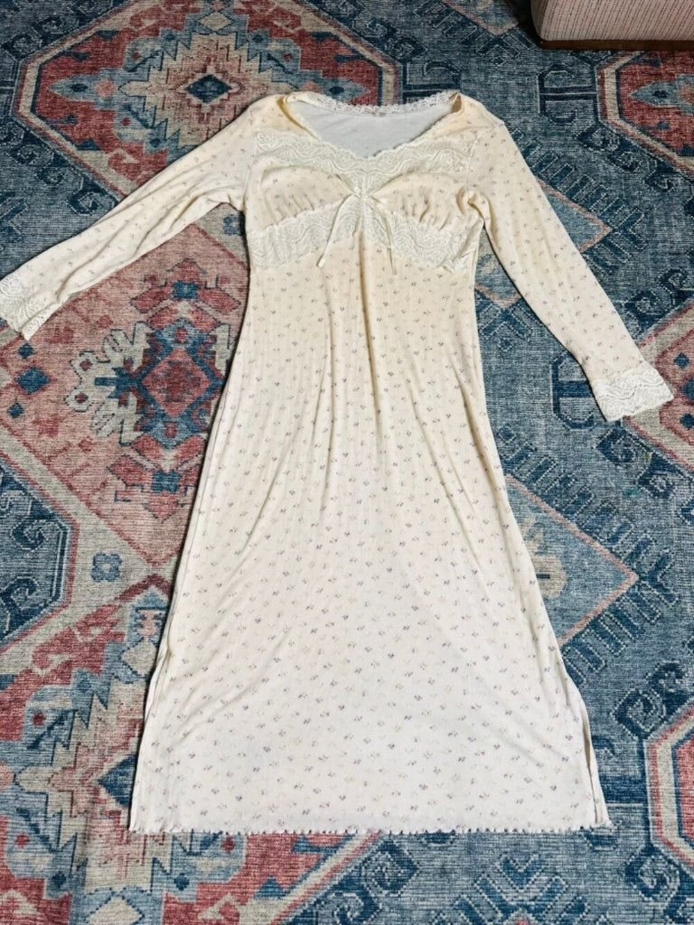 Pink Floral Cottage Romatic Lace-Trim Maxi Nightgown Long Sleeves